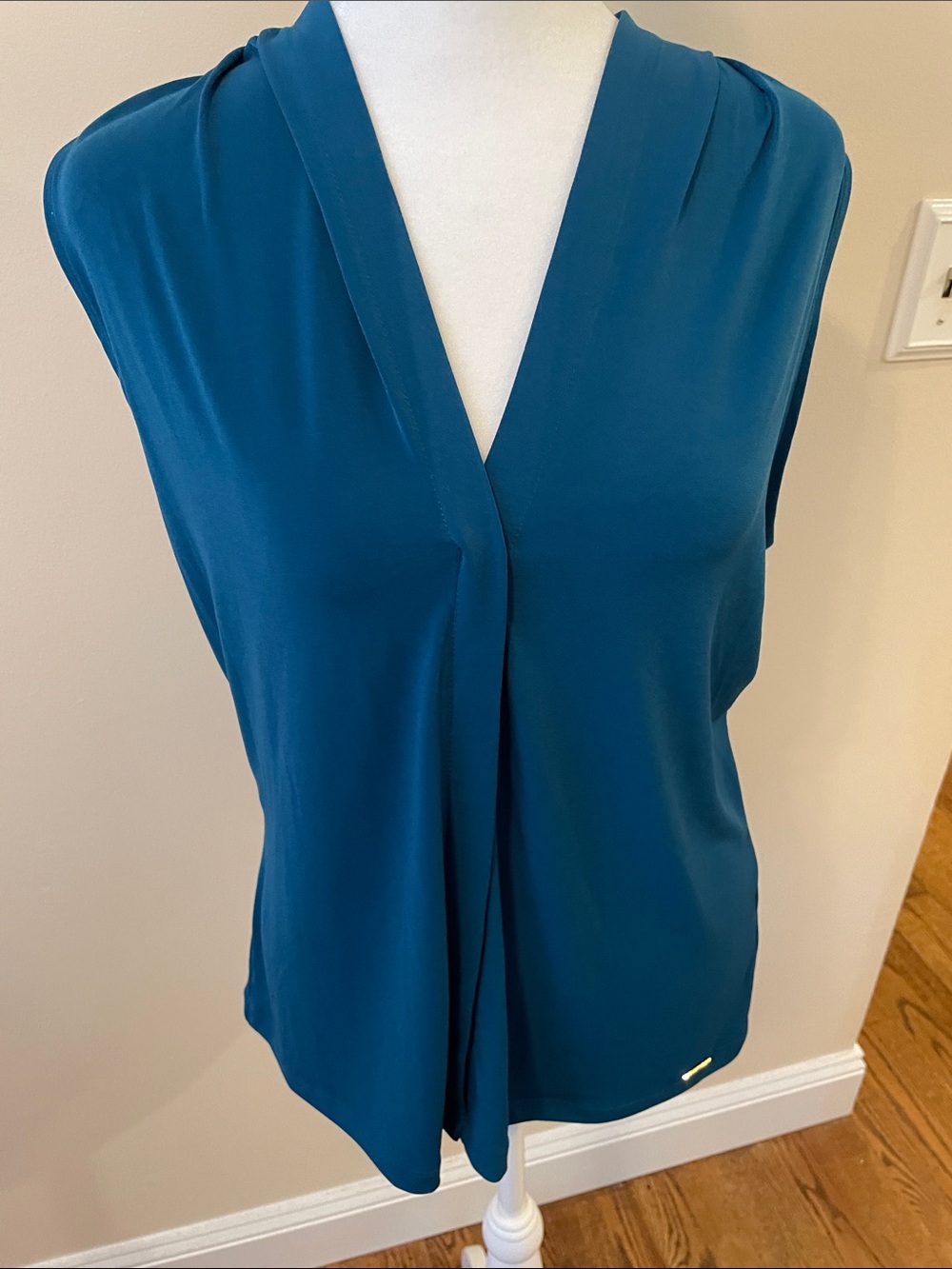 Calvin Klein Sleeveless V-Neck Blouse in Teal Blue